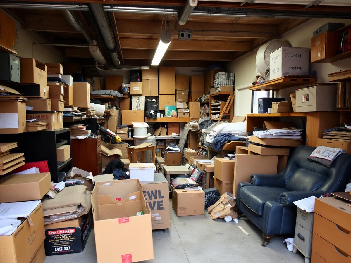 Cluttered residential garage full of boxes and furniture before a cleanout