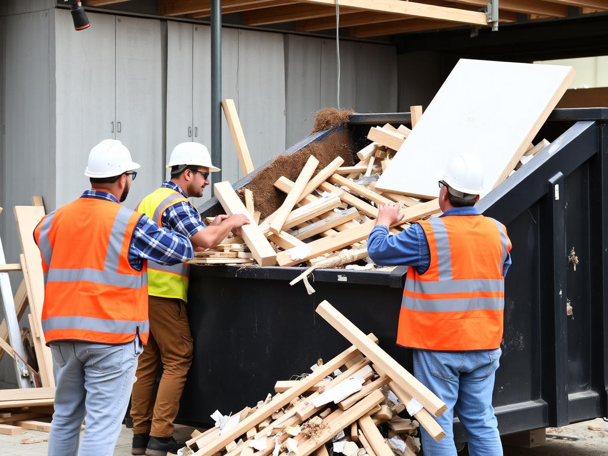 Crew loading construction debris into a dumpster at an active job site