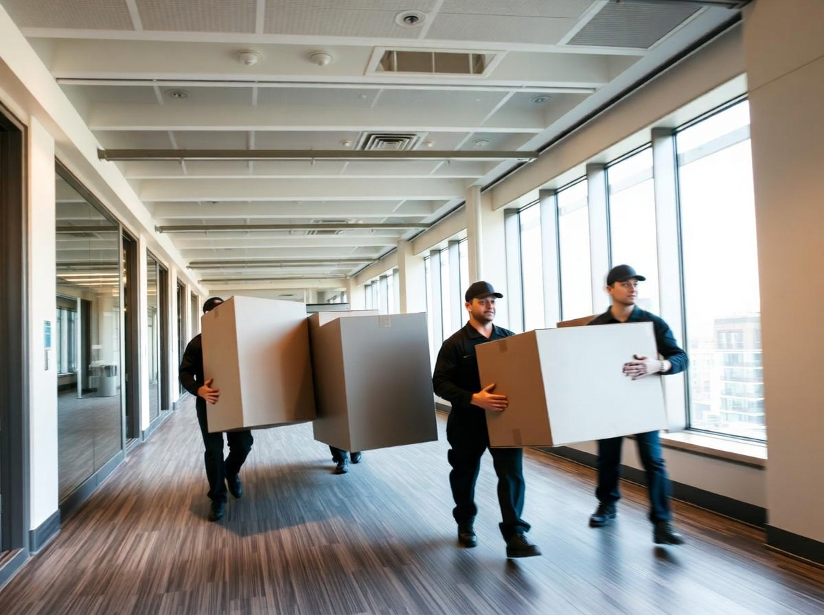 Movers carrying office furniture through a corridor during a commercial relocation